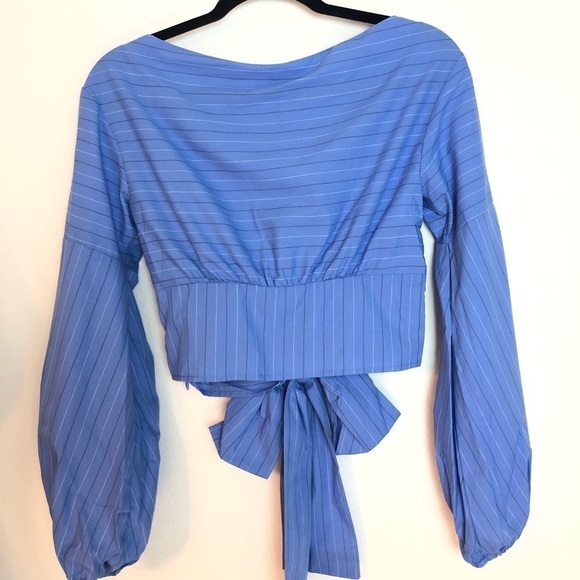 NWT LIKELY FRONT TIE TOP M Blue long sleeve striped top cropped cotton shirt - Picture 9 of 12